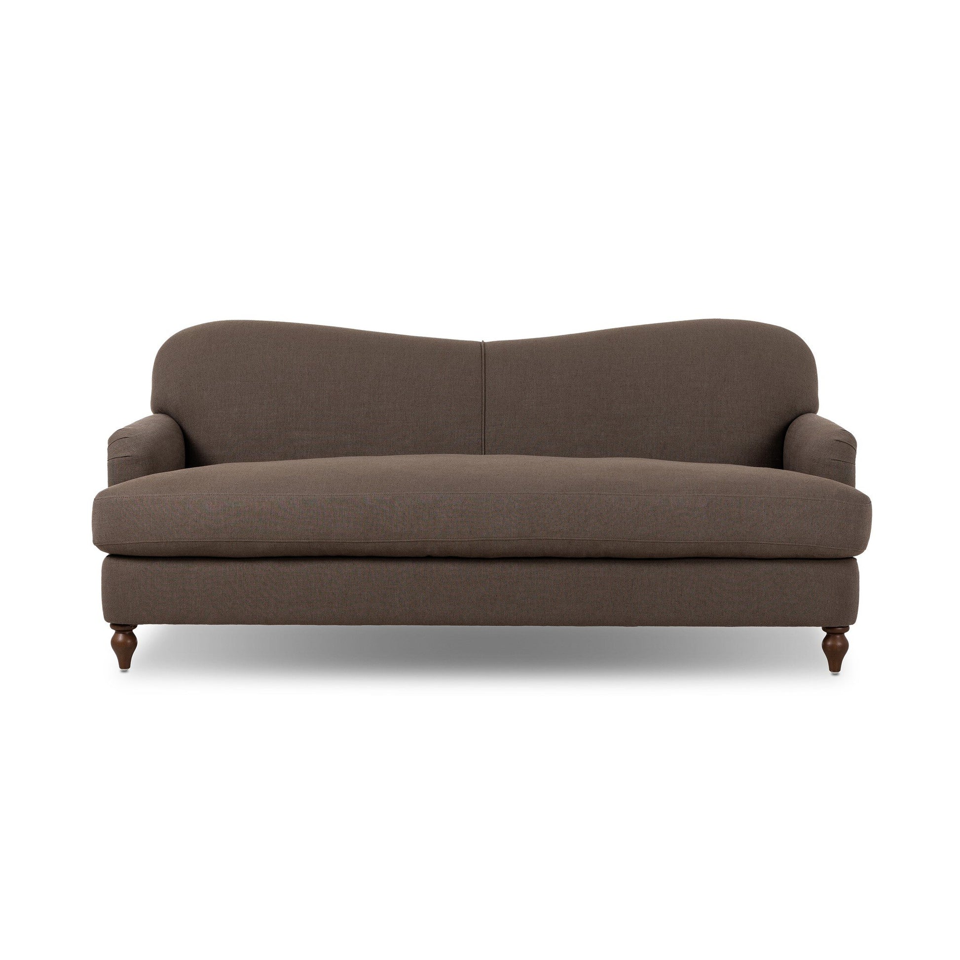 The Tiani Sofa, featuring brown upholstery, a gently curved backrest, rounded armrests, and wooden legs, is displayed against a white background—its versatile dimensions make it perfect for any space.