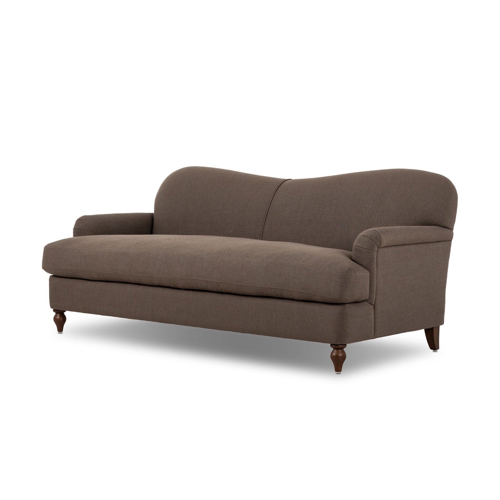 The Tiani Sofa, upholstered in brown with a curved backrest, plush seat cushion, rounded arms, and four wooden legs, is displayed against a white background—its dimensions make it a stylish choice for any room.