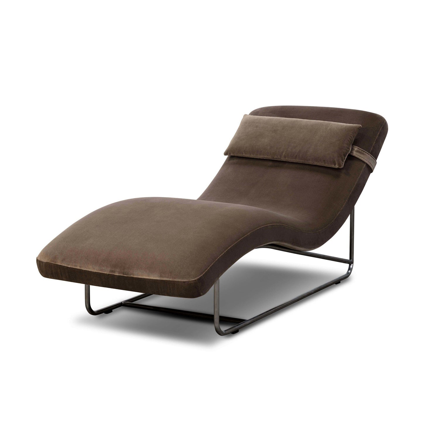 The Michi Chaise is a modern brown lounge with a curved, cushioned seat, matching headrest pillow, and black metal base. Its 27x65 inch size ensures comfort and style for any space.
