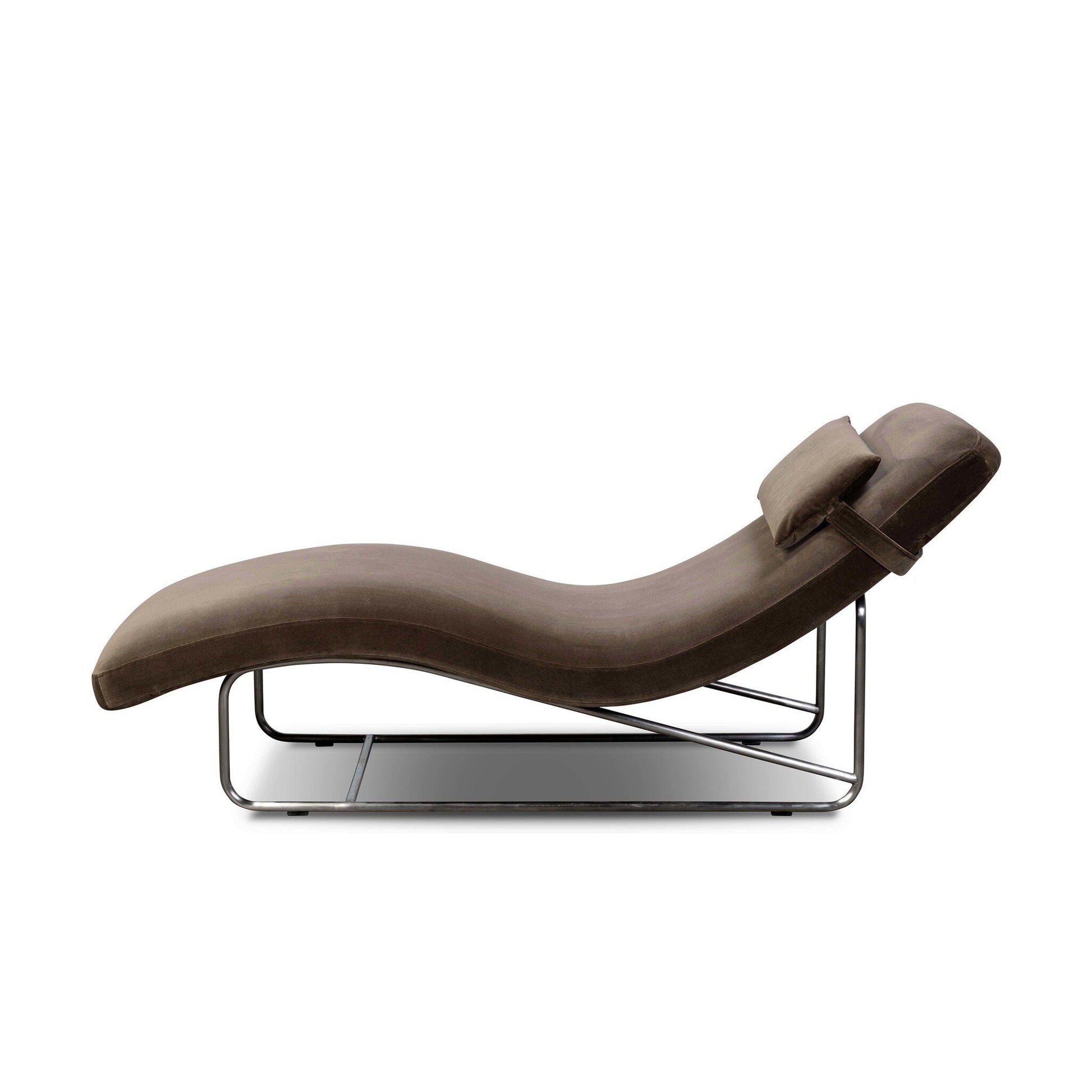 Side view of the Michi Chaise, a modern brown lounge chair featuring a curved seat, headrest pillow, and sleek chrome frame with dimensions similar to a 27x65 sofa, set against a white background.