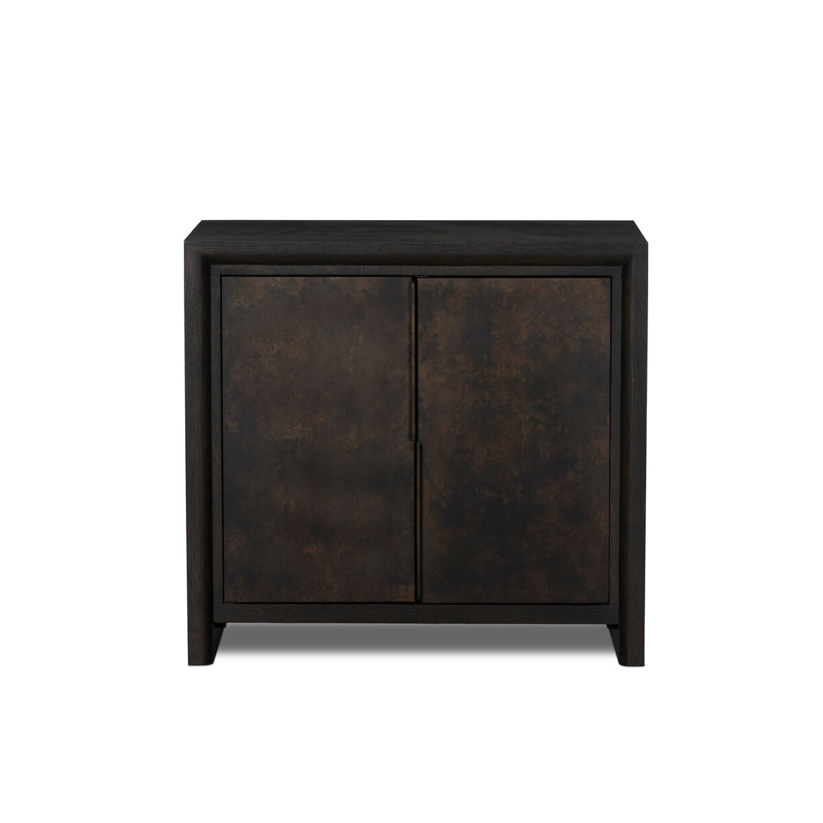 The Arlington Small Cabinet features a dark wood finish, two closed doors, modern design, and four short legs, shown against a white background.