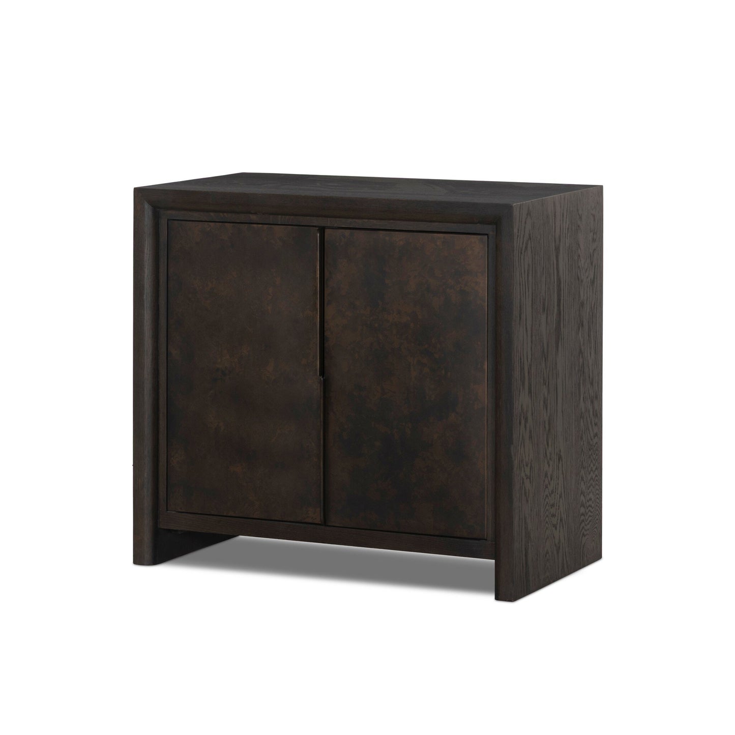 The Arlington Small Cabinet is a dark wooden storage unit with two closed doors, a smooth surface, and straight edges—perfect as a stylish, modern bathroom cabinet for organized spaces.