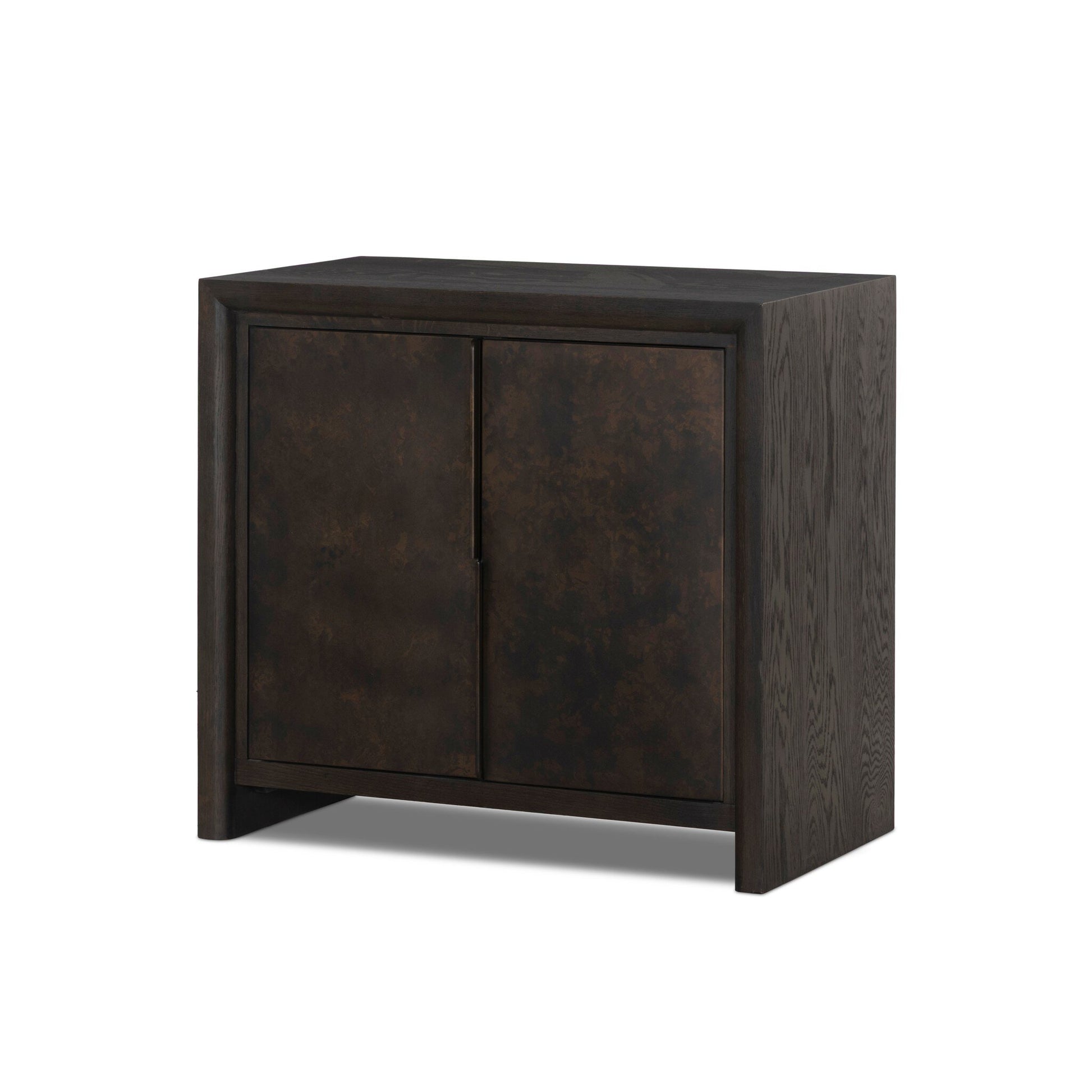 The Arlington Small Cabinet is a dark wooden storage unit with two closed doors, a smooth surface, and straight edges—perfect as a stylish, modern bathroom cabinet for organized spaces.