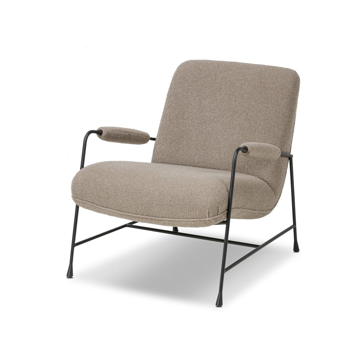 The Steel Upholstered Armchair features a light brown cushioned seat and backrest, slim armrests, and a minimalist black metal frame, shown against a white background.