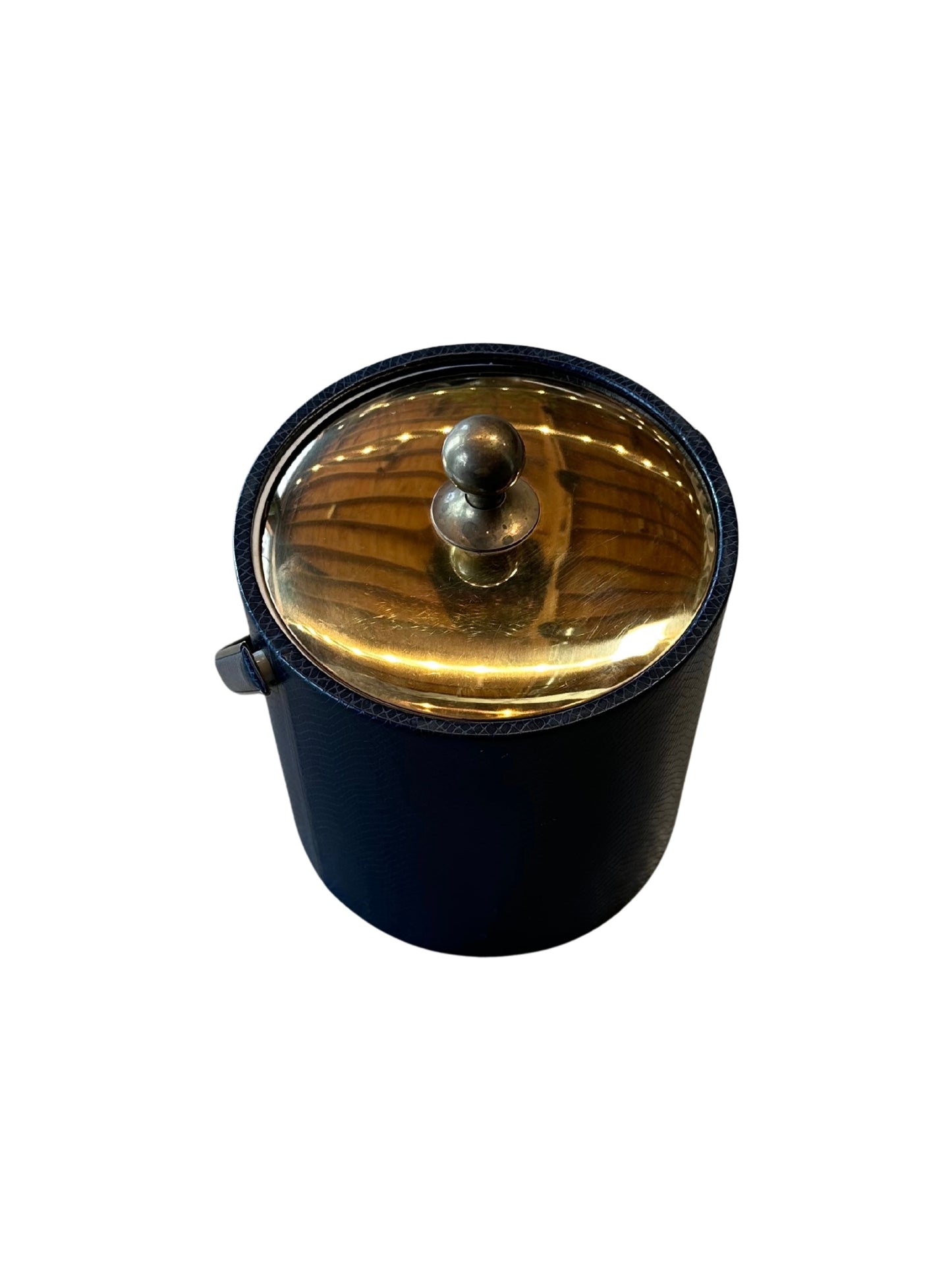 The Blue and Gold Ice Bucket is a small, round piece featuring snakeskin texture, a metallic gold lid, and a knob handle, shown against a white background.