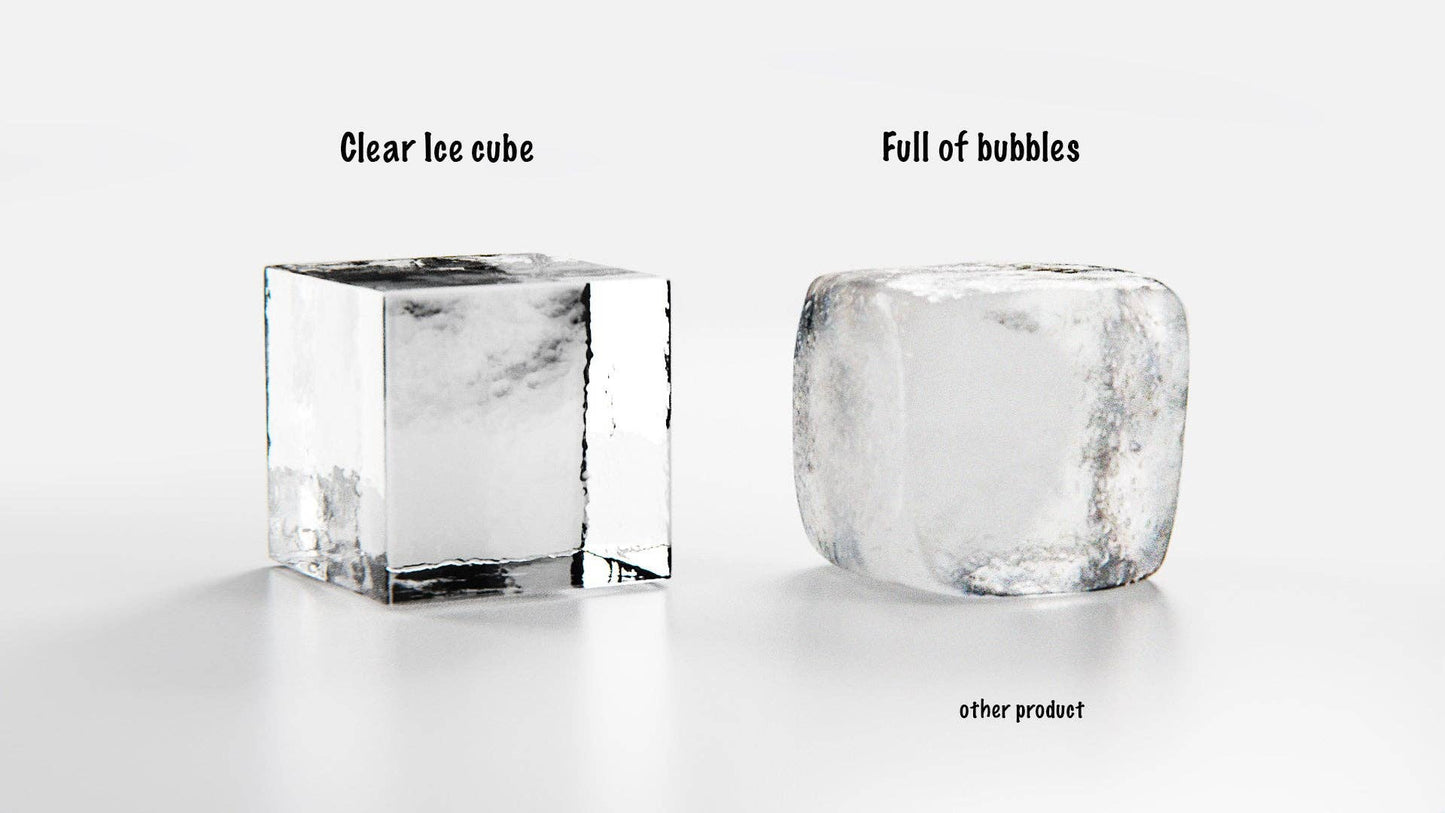 Two ice cubes side by side: the left is a crystal-clear 2" cube from the Ice Cube Maker Tray - Eight 2" Squares Ice Cubes, while the right is cloudy and rounder, full of bubbles—ideal for elevating homemade cocktails.