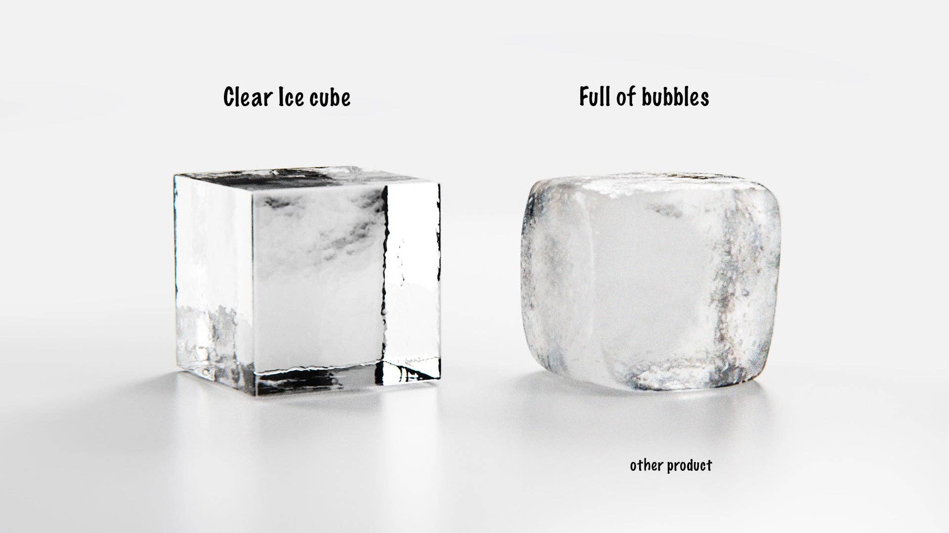 Two ice cubes side by side: the left is a crystal-clear 2" cube from the Ice Cube Maker Tray - Eight 2" Squares Ice Cubes, while the right is cloudy and rounder, full of bubbles—ideal for elevating homemade cocktails.