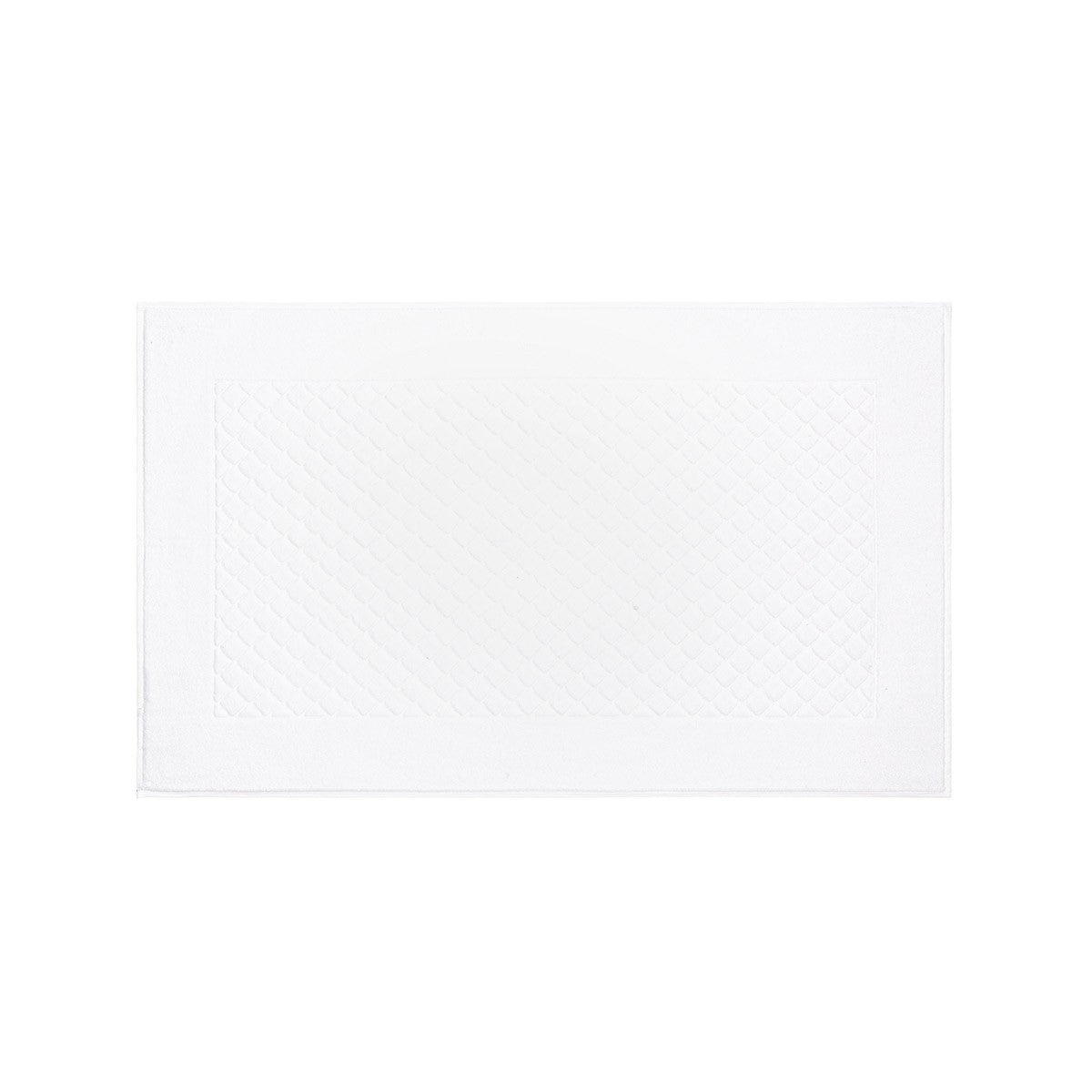 The Velour Diamond Bath Mat is a white, rectangular mat made from 100% cotton, featuring a subtle diamond pattern in the center with a plain border around the edges and pictured from above on a white background.