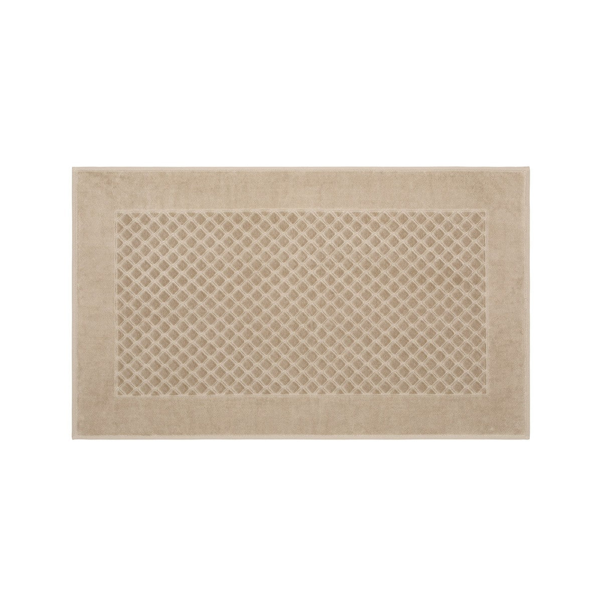 Introducing the Velour Diamond Bath Mat: a beige, rectangular bath mat featuring a central diamond pattern and a solid border. Crafted from 100% cotton, it provides both softness and durability when viewed from above—an ideal addition to your bathroom. Follow care instructions to preserve its quality and appearance.