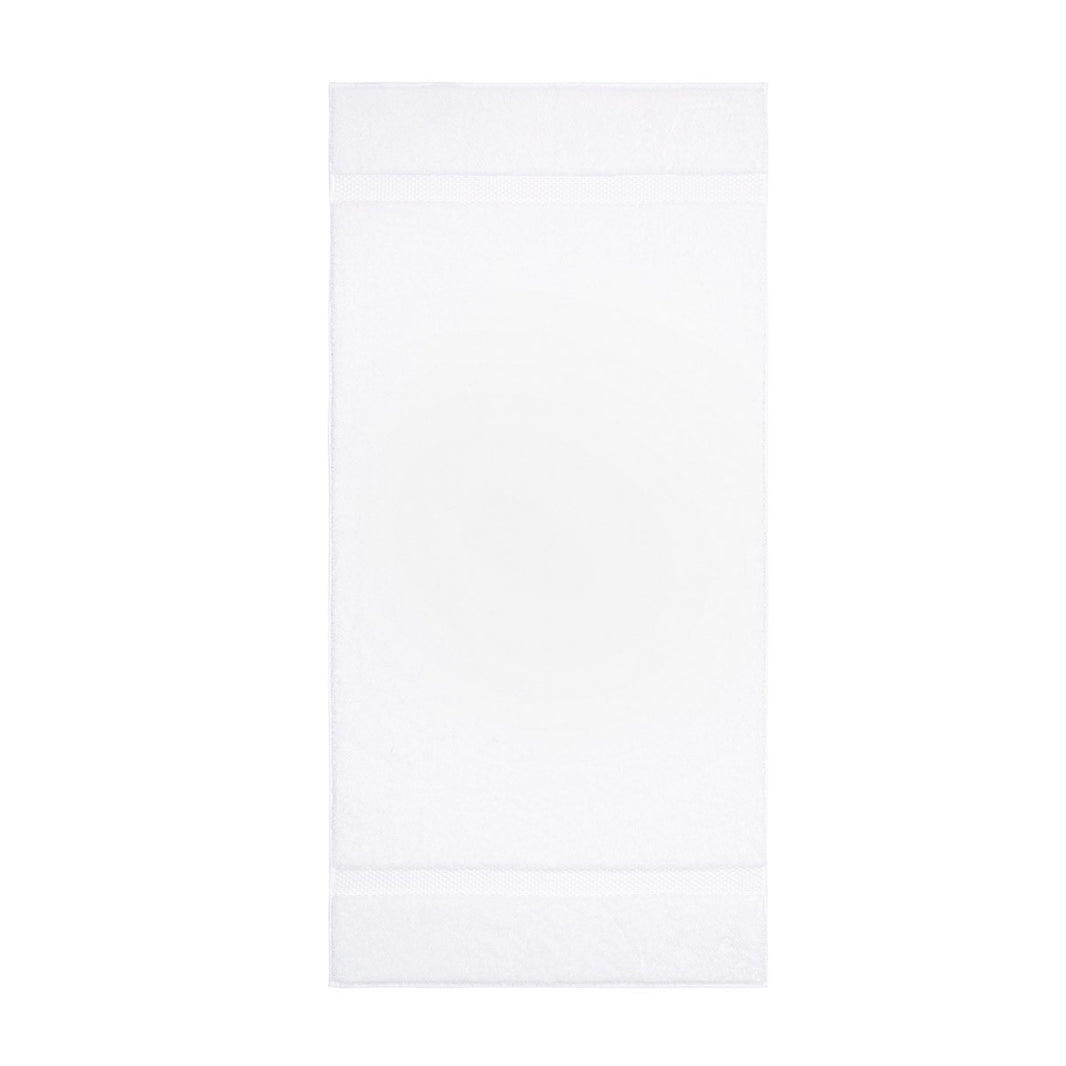A Yves Delorme Bath Towel, featuring a classic white rectangular design with two subtle bands near the top and bottom edges, lies flat on a white background—an elegant and versatile addition to any bath towel or towel set collection.