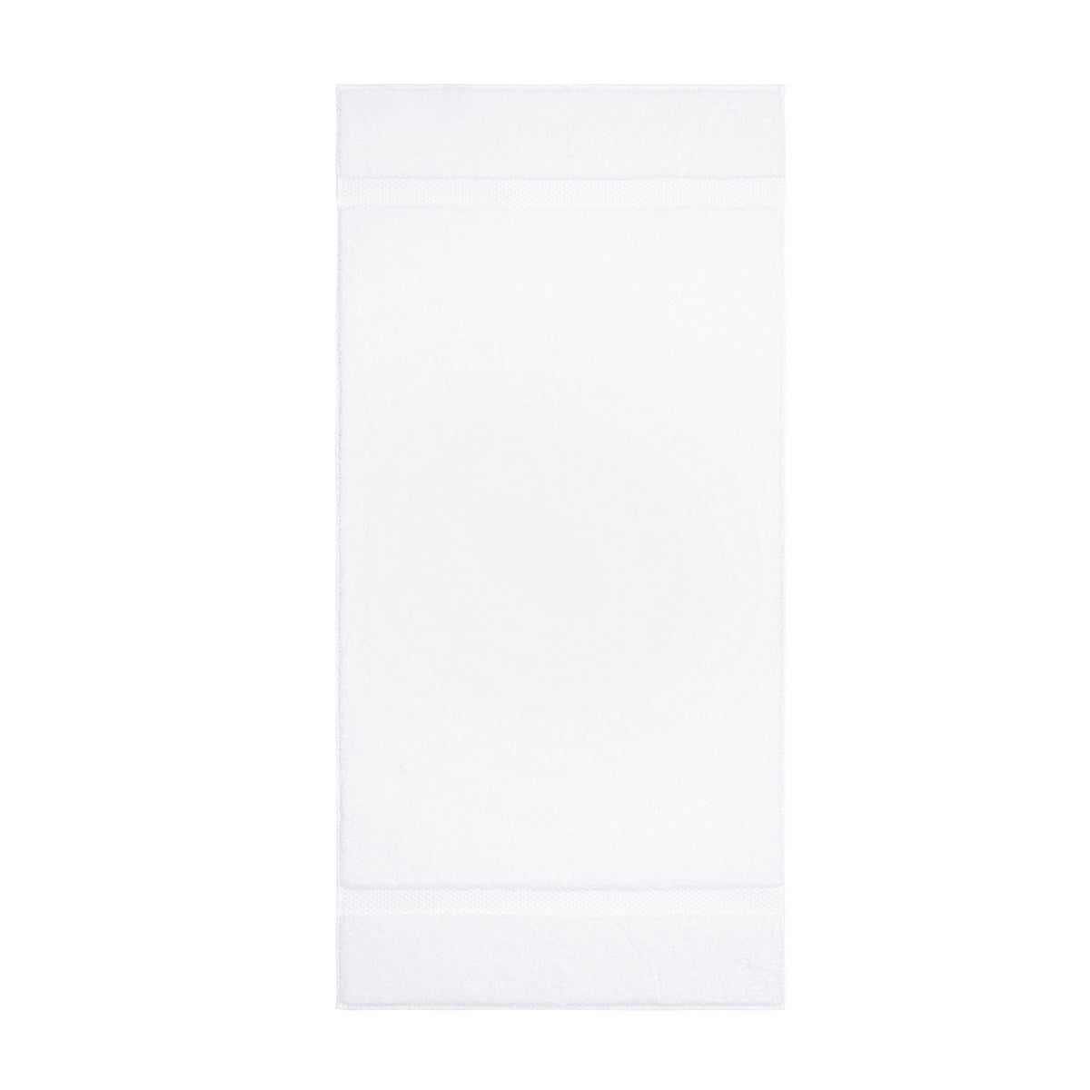 A Yves Delorme Bath Towel, featuring a classic white rectangular design with two subtle bands near the top and bottom edges, lies flat on a white background—an elegant and versatile addition to any bath towel or towel set collection.