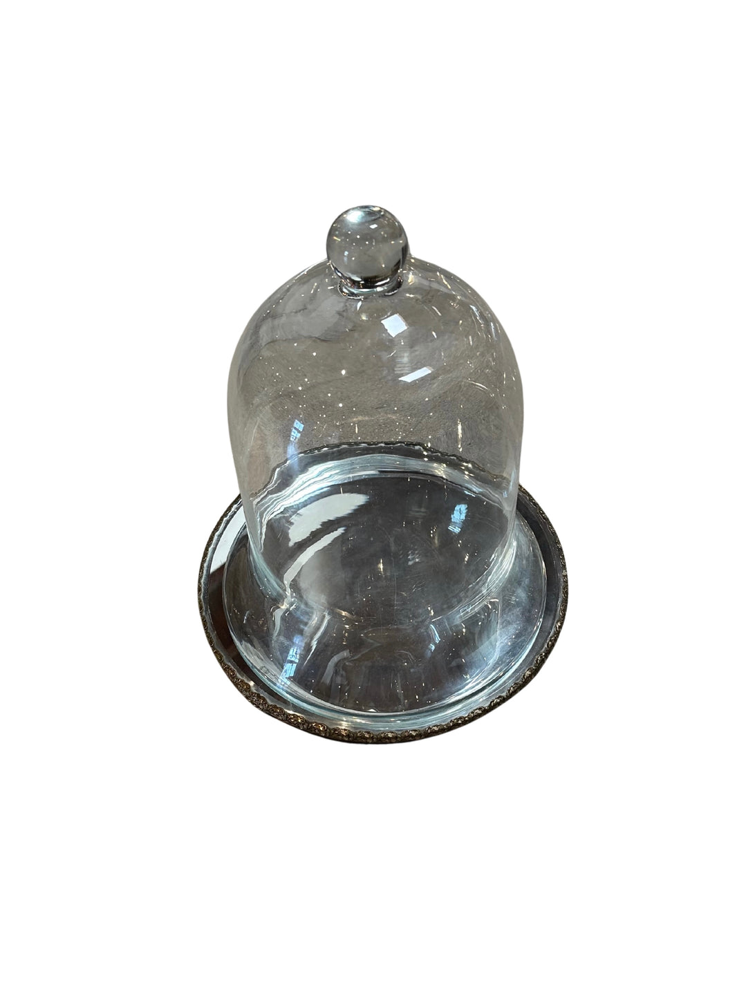 The Tall Glass Cloche with Mirrored Tray features a clear glass dome with a round knob, elegantly displayed on its reflective base against a clean white background.
