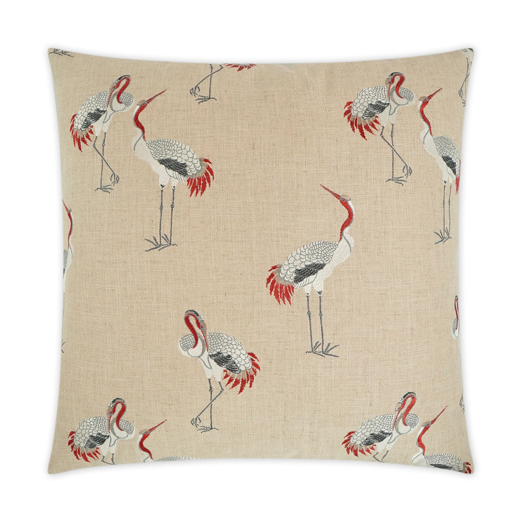 The Crane Pillow is a beige linen pillow featuring a pattern of embroidered cranes in gray, black, and red, depicted in various poses.