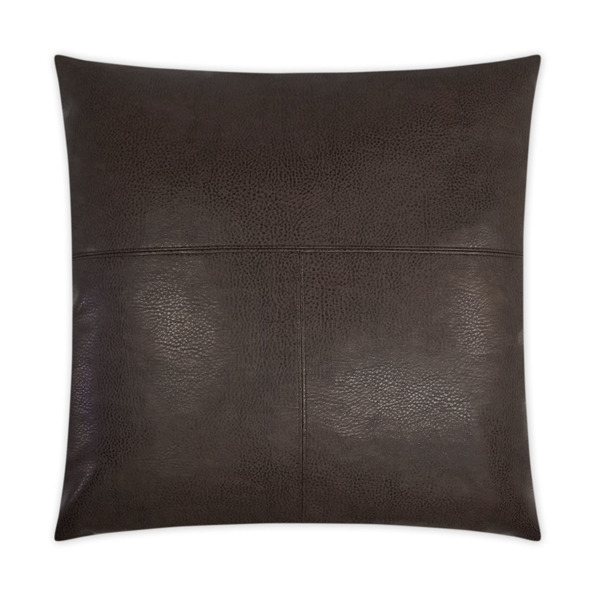 The Wrangler Pillow is a 24x24 square cushion made from dark brown leather featuring a subtle textured finish and a horizontal seam across the center, displayed against a white background. This stylish pillow includes a plush polyester feather down insert for enhanced comfort.