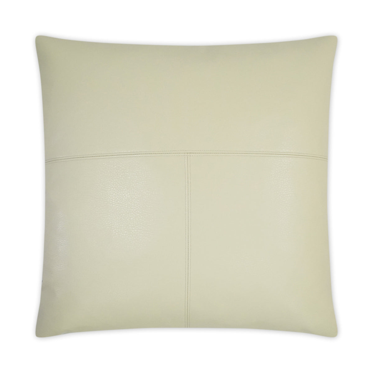 Introducing the Wrangler Pillow—a square, light beige leather pillow with visible stitching forming a cross pattern at the center. Its surface is smooth yet subtly textured, complemented by a plush feather down insert for enhanced comfort.