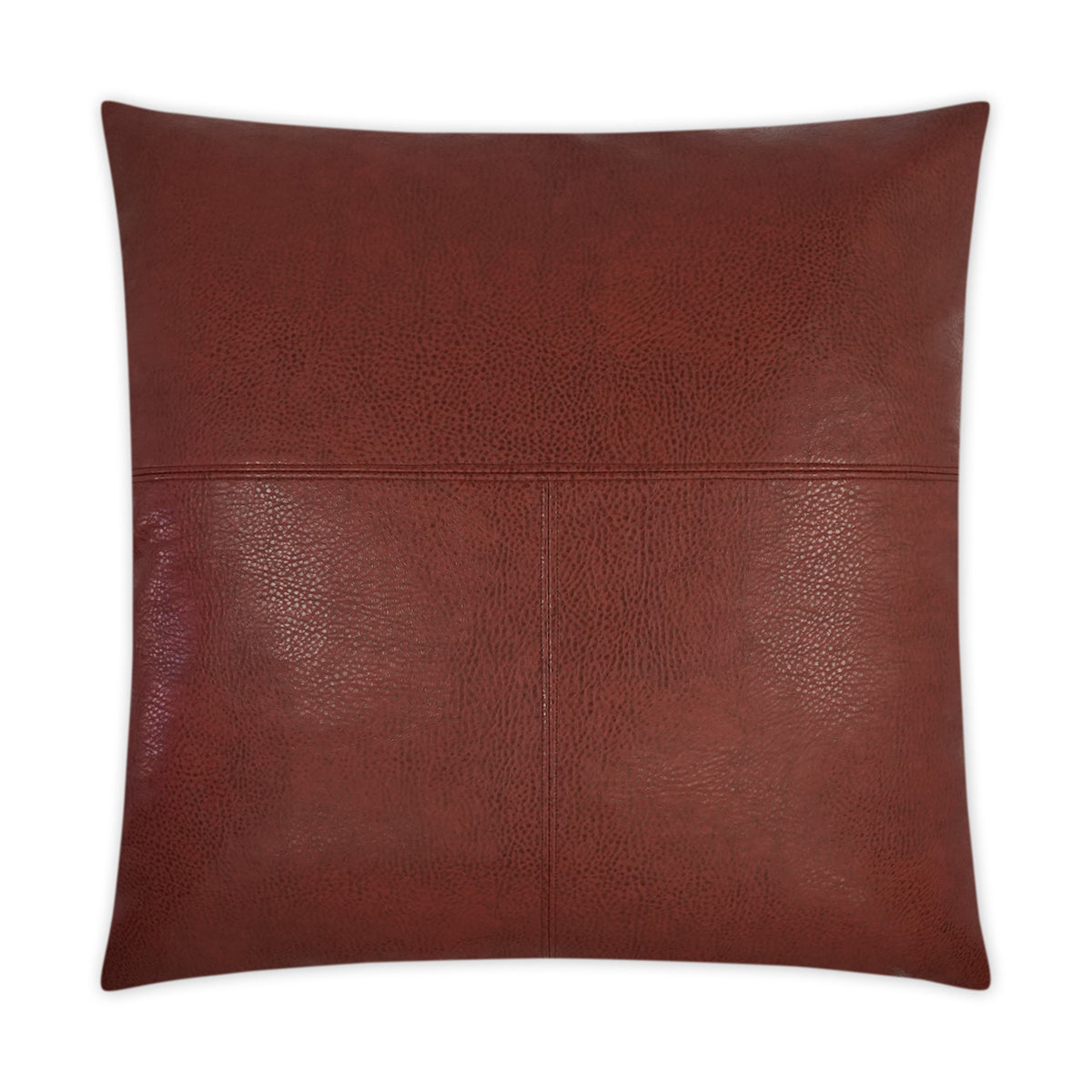 Wrangler Pillows feature a square shape with a textured, reddish-brown leather cover made from durable polyurethane and visible horizontal and vertical center seams.