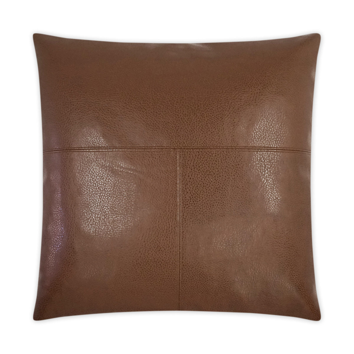 Wrangler Pillows: Square brown leather pillow with a smooth textured surface and subtle stitched seams intersecting at the center, featuring a plush feather down insert for exceptional comfort, isolated on a white background.