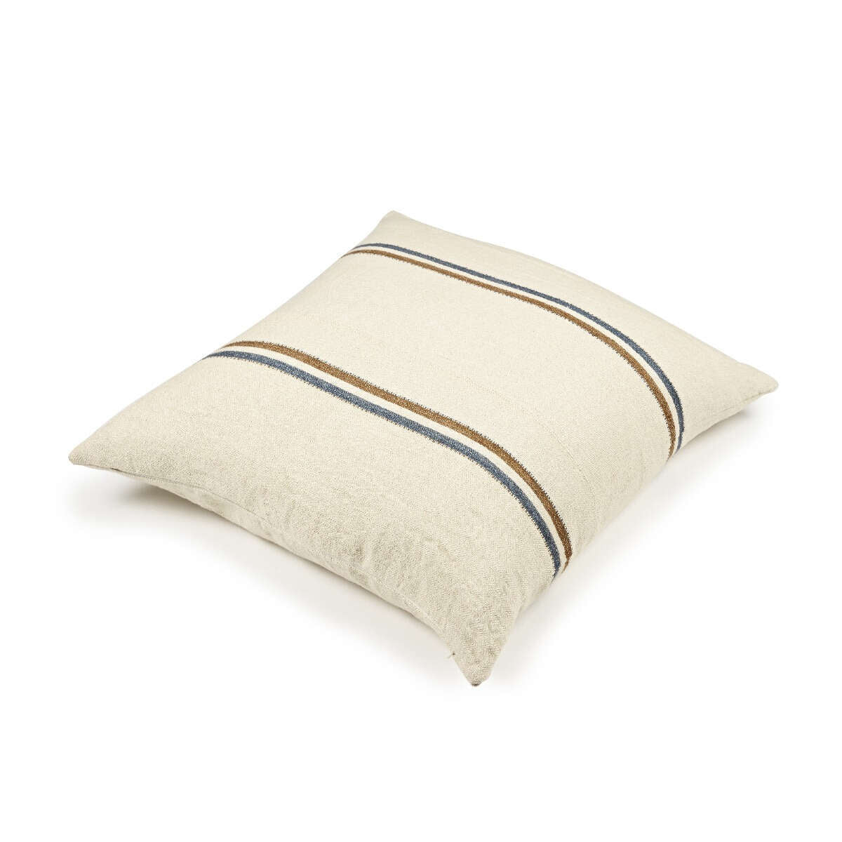 The Striped Ecru Linen Pillow is a 25″ x 25″ square pillow in a cream-colored linen fabric, featuring two parallel brown and gray stripes across the center, shown on a white background; insert included.
