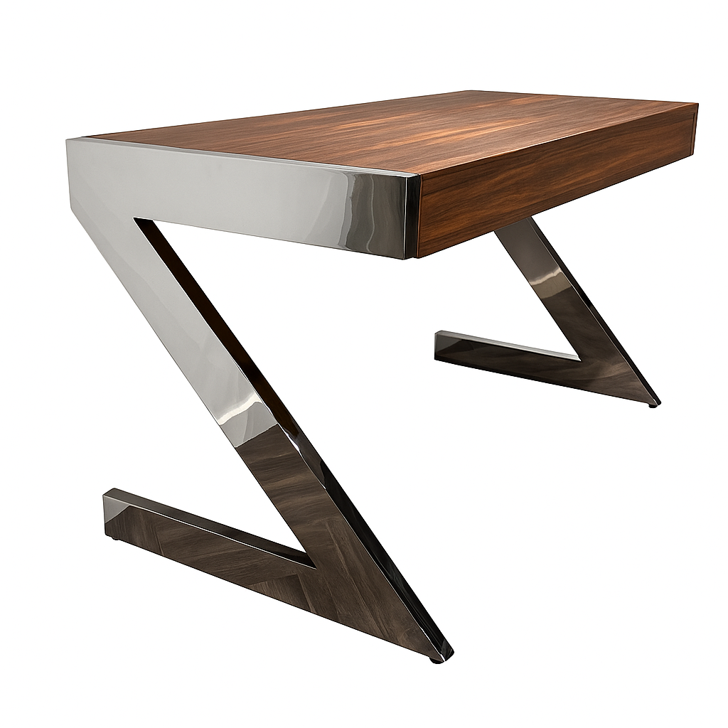 The Vintage Chrome and Walnut Desk features a modern Z shape with a walnut rectangular top and angled chrome metal legs, inspired by vintage chrome desk designs, set against a white background.