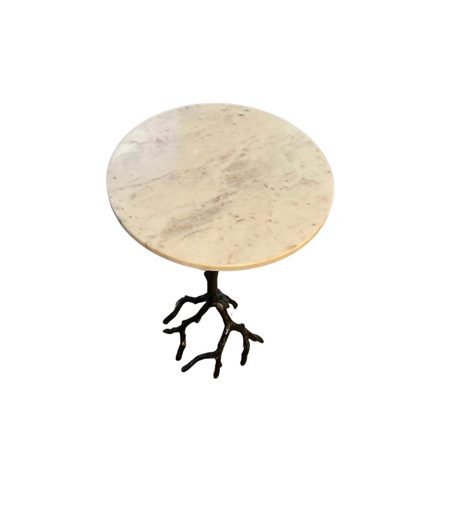 The Iron and Marble Side Table features a round marble top and a vintage iron branch base, elegantly displayed against a white background.