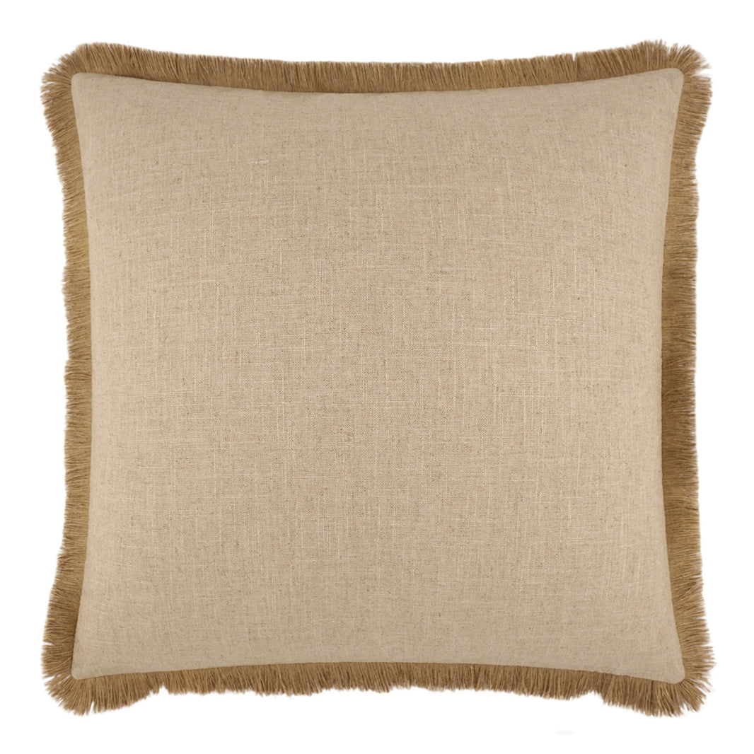 The Natural Fringe Pillow is a square beige viscose cushion featuring textured fabric and brown fringe trim along the edges, displayed against a plain white background.