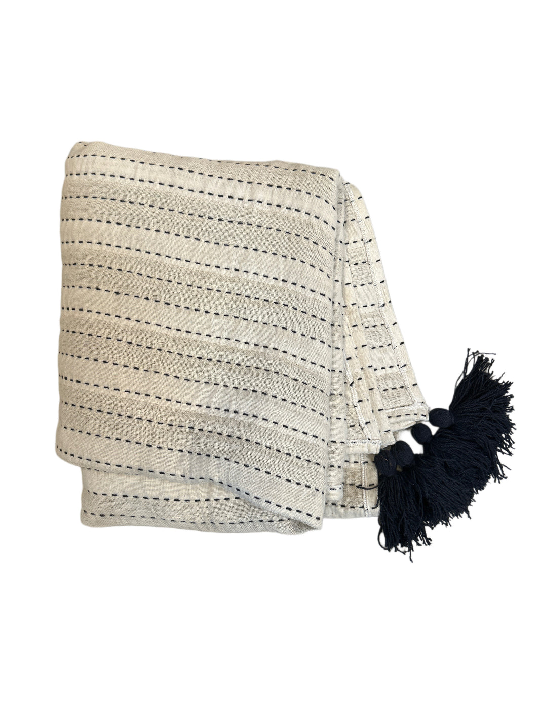 Ivory & Black Stripe Throw Blanket with Tassels