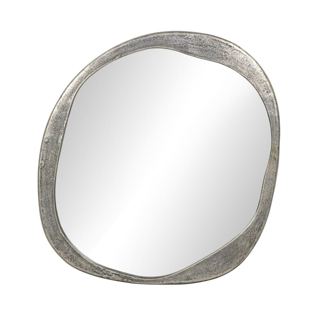 The Chavez Wall Mirror features an irregular, wavy silhouette with a textured Raw Antique Nickel frame for a modern, artistic look. Its unique design measures 28.00" wide by 31.00" high, making it a standout accent piece for any space.