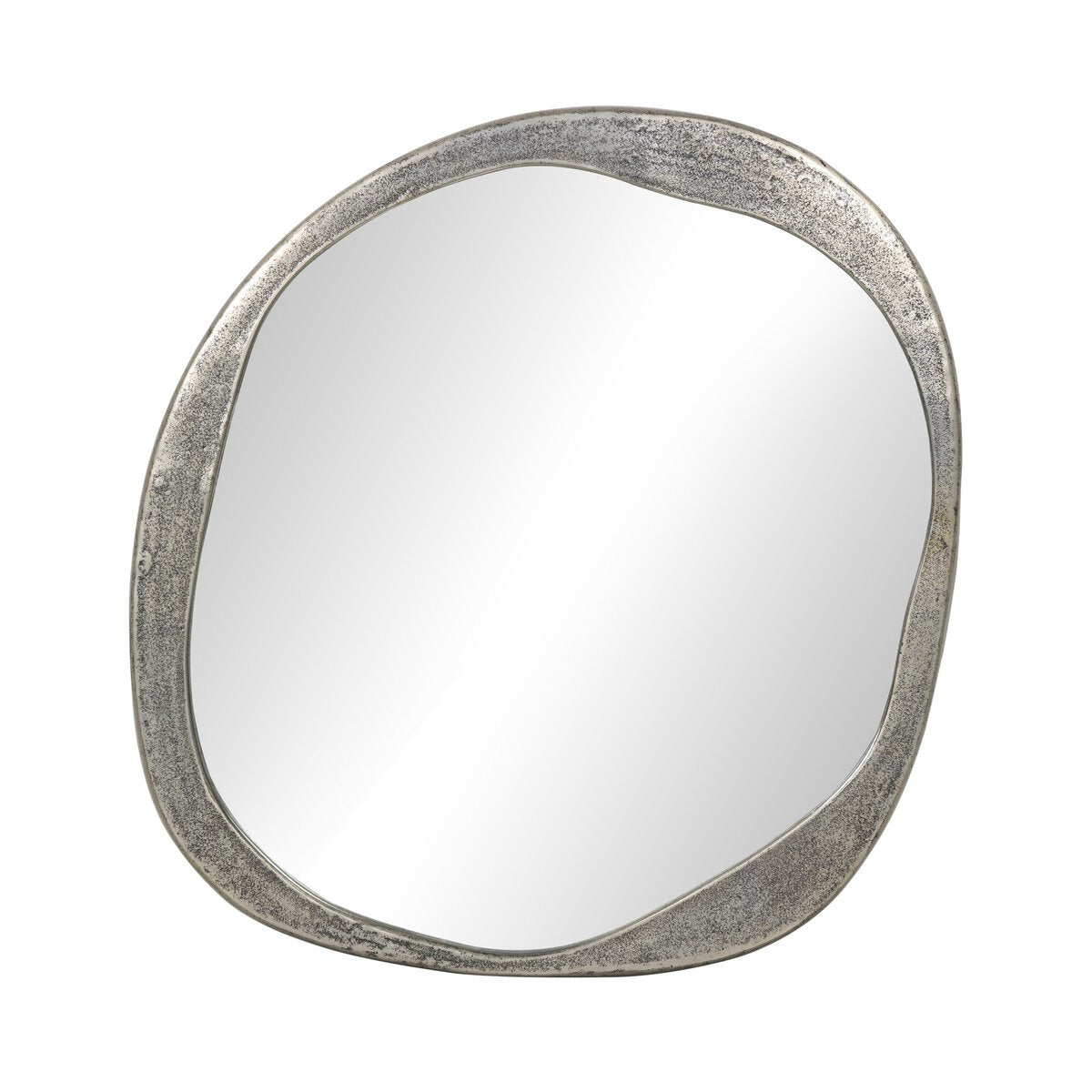 The Chavez Wall Mirror features an irregular, wavy silhouette with a textured Raw Antique Nickel frame for a modern, artistic look. Its unique design measures 28.00" wide by 31.00" high, making it a standout accent piece for any space.