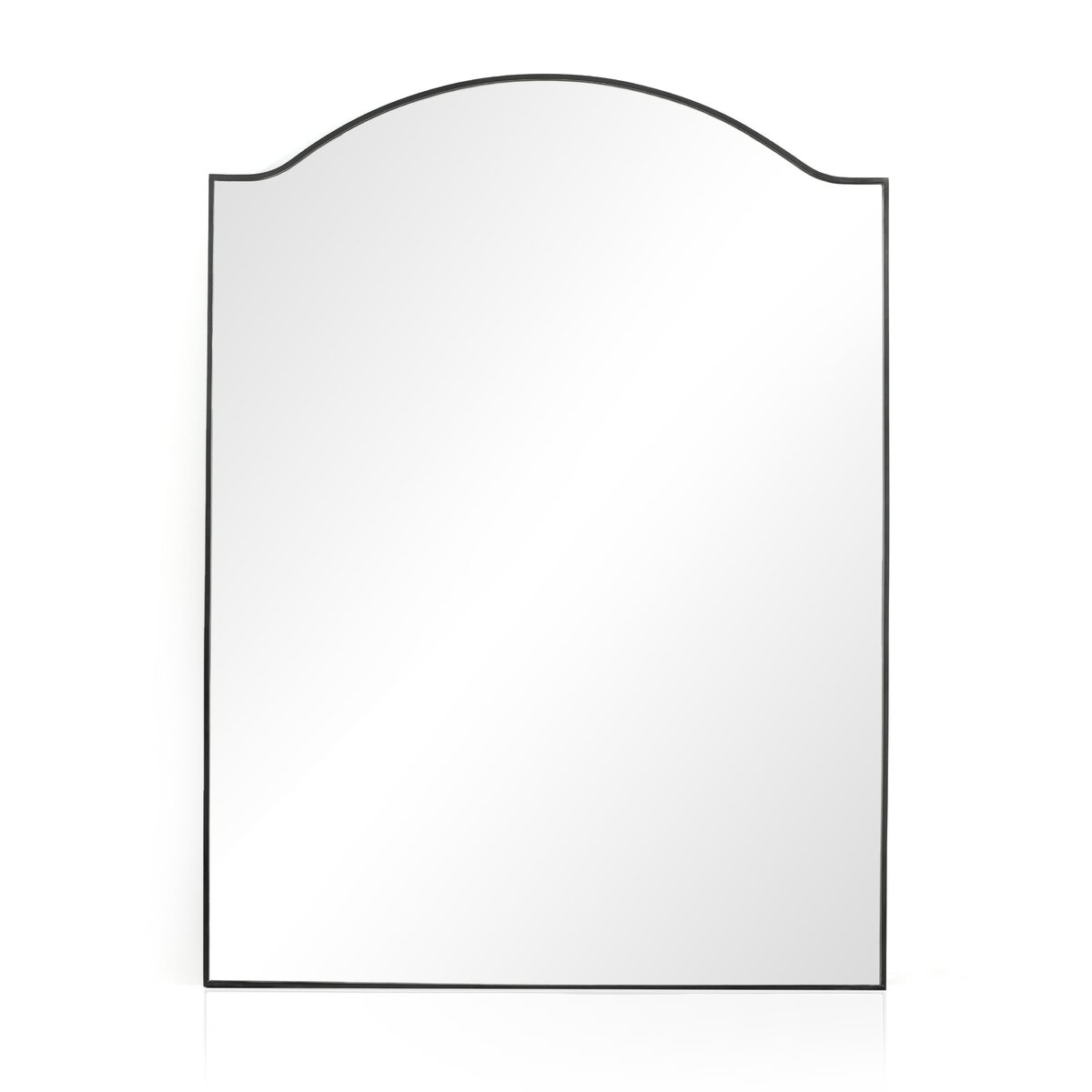 The Jacques Floor Mirror, featuring a thin black frame and arched top, stands tall against a white background. Its overall dimensions are 62.00"w x 84.00"h.