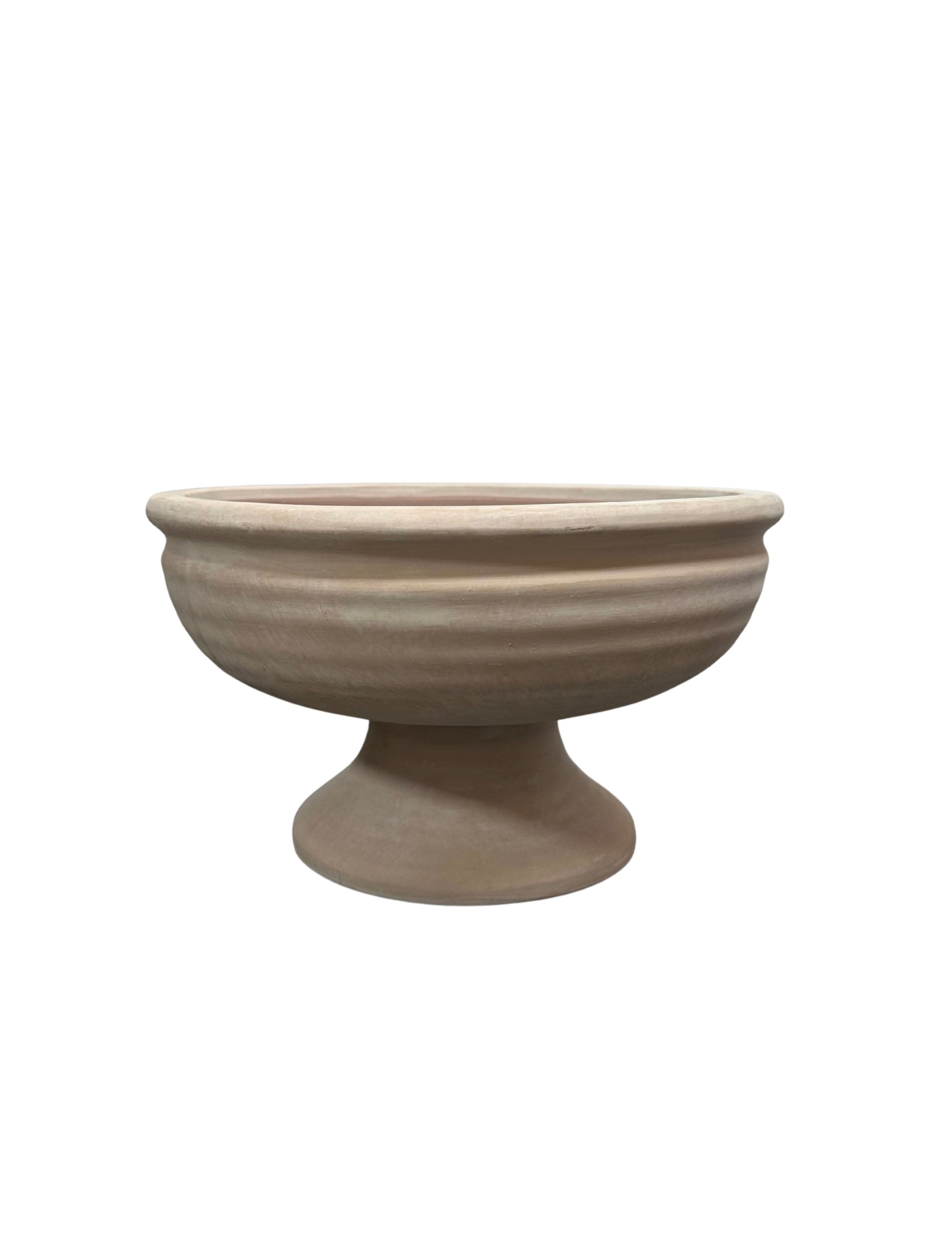 The Ceramic Bowl is wide and shallow with a thick rim, featuring a sturdy, rounded pedestal base in beige terracotta, displayed against a white background.