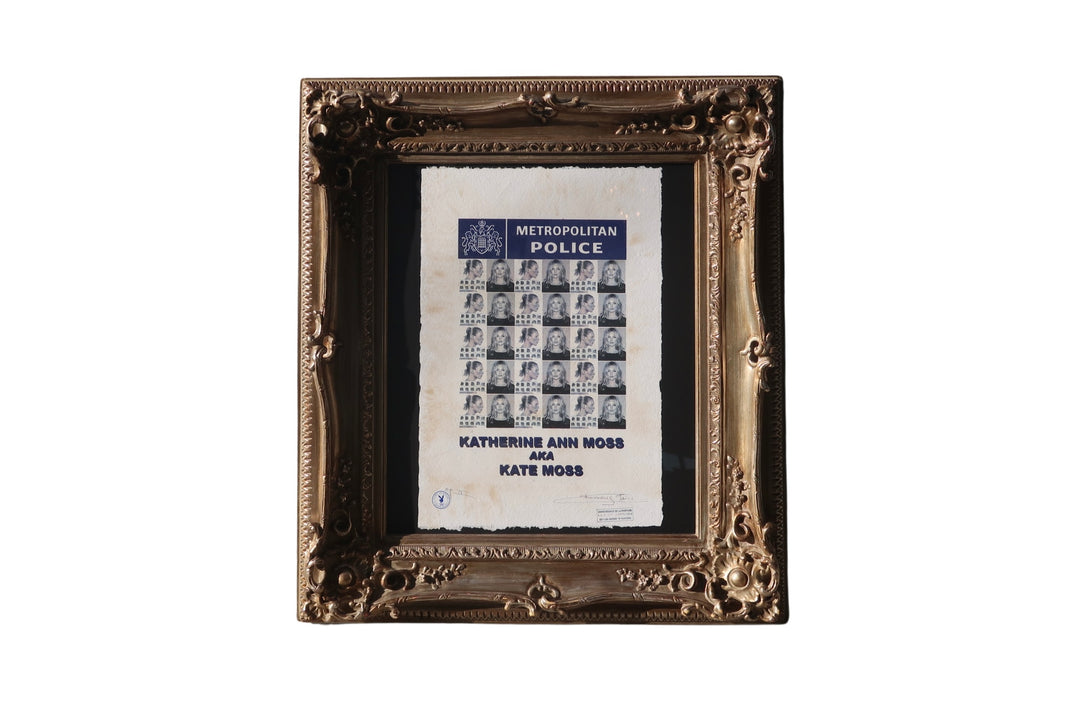 The Kate Moss Print - Vintage Art Deco Frame showcases a 34-inch document titled "Metropolitan Police" with a grid of black-and-white mugshots and Katherine Ann Moss's name in bold on a white background.