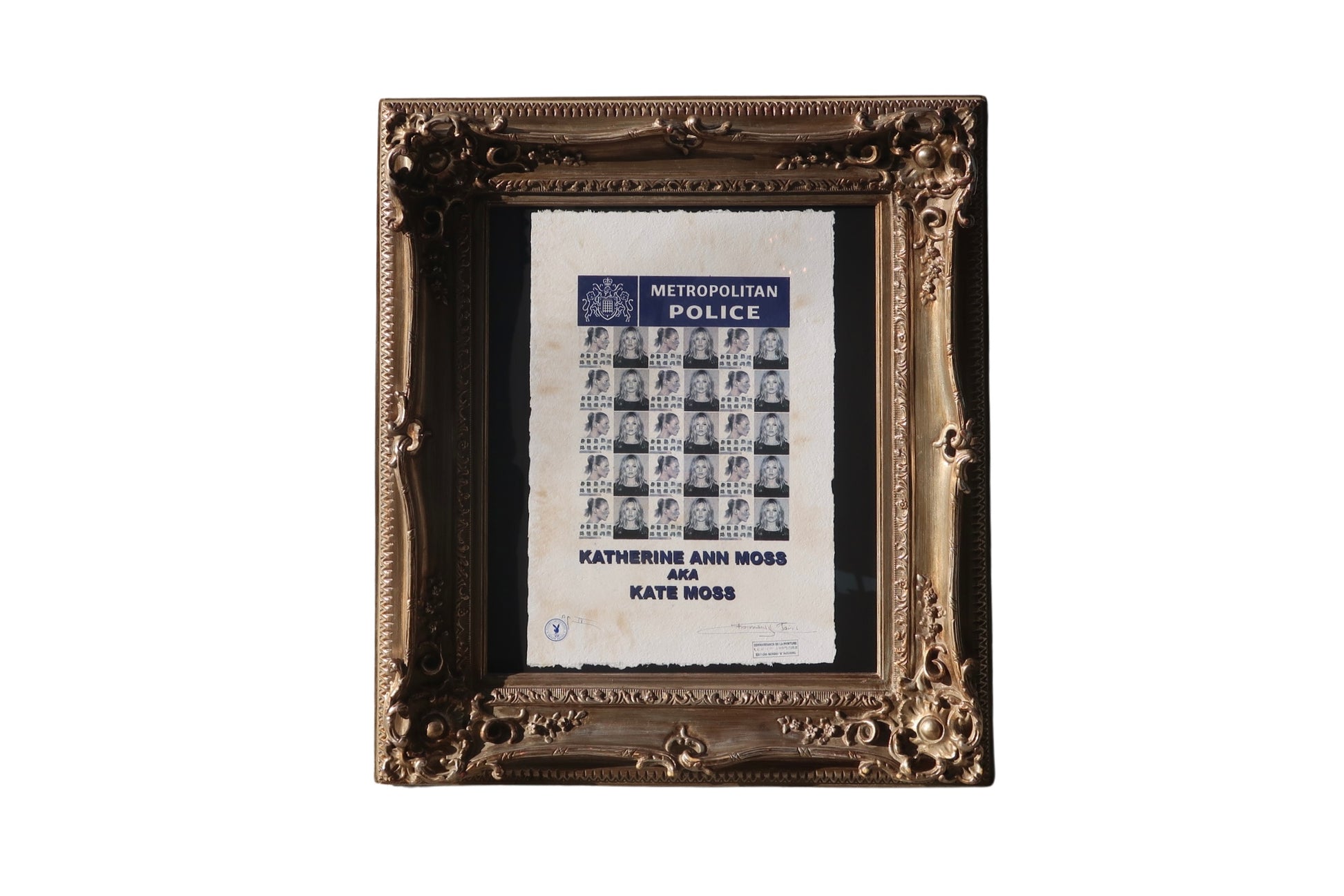 The Kate Moss Print - Vintage Art Deco Frame showcases a 34-inch document titled "Metropolitan Police" with a grid of black-and-white mugshots and Katherine Ann Moss's name in bold on a white background.