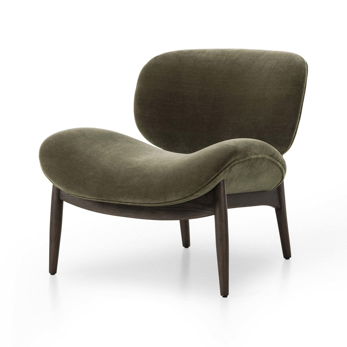 The Upholstered Wood Accent Chair features a wide, curved olive chenille velvet seat and backrest, supported by dark wooden legs and frame. Displayed on a white background; check overall dimensions to ensure the perfect fit for your space.