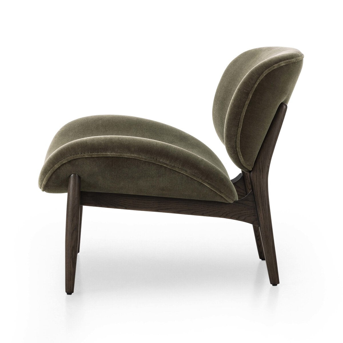The Upholstered Wood Accent Chair in Olive Chenille is displayed against a white background, emphasizing its refined texture and overall dimensions.