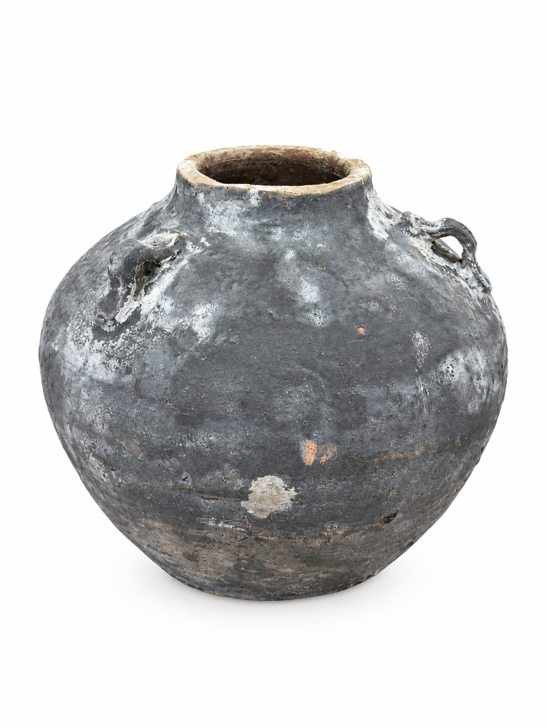 Round, weathered grey 11-inch Grey Terracotta Vase with two small handles on its neck and a wide opening.