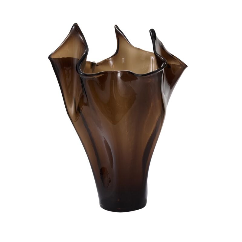 The Peak Glass Vase is a handmade brown glass vase featuring a sculptural design with an irregular, wavy rim and abstract flowing edges, giving it a modern and artistic look.