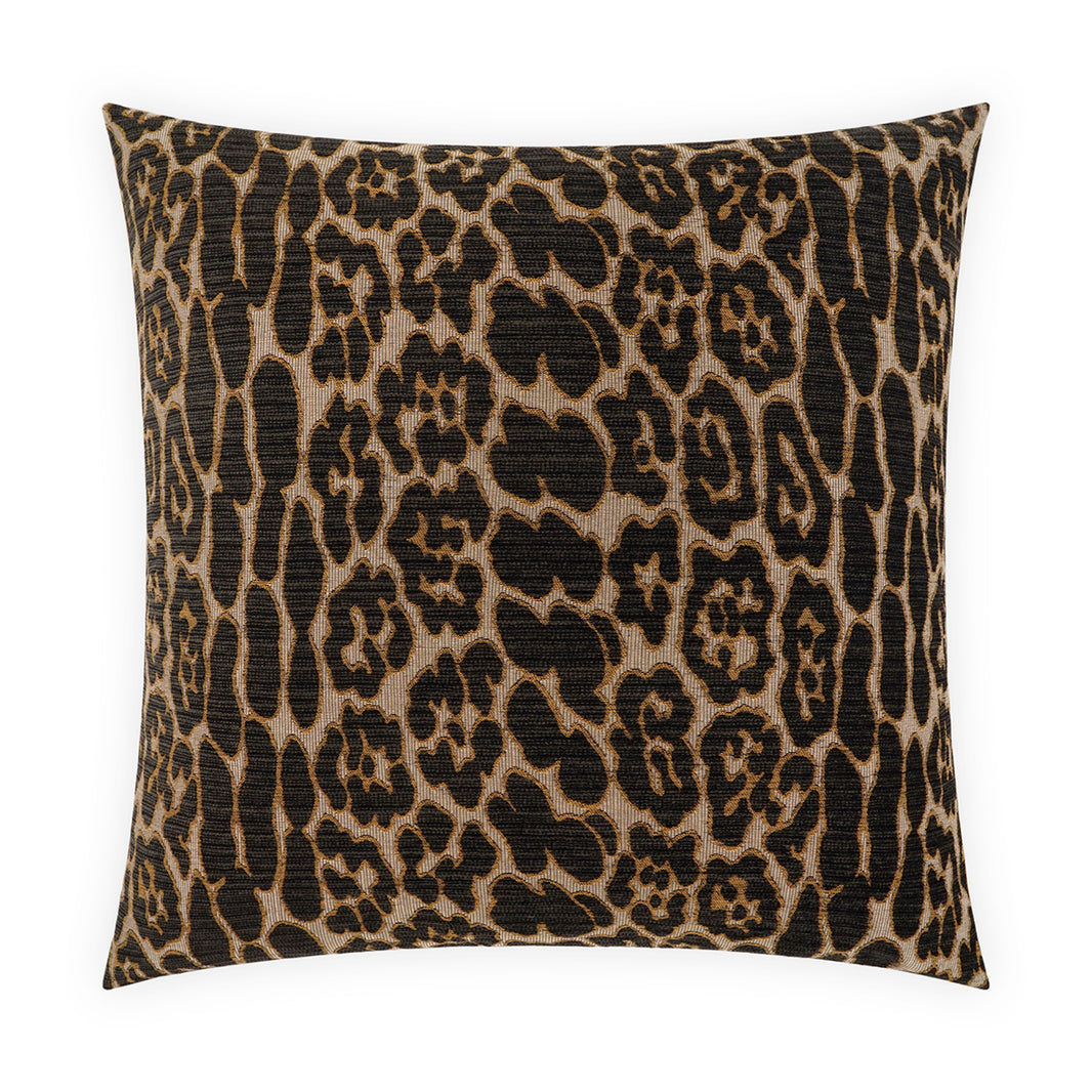 Leopard Throw Pillow featuring a square shape and a leopard print pattern in brown, black, and tan polyester, shown against a white background.