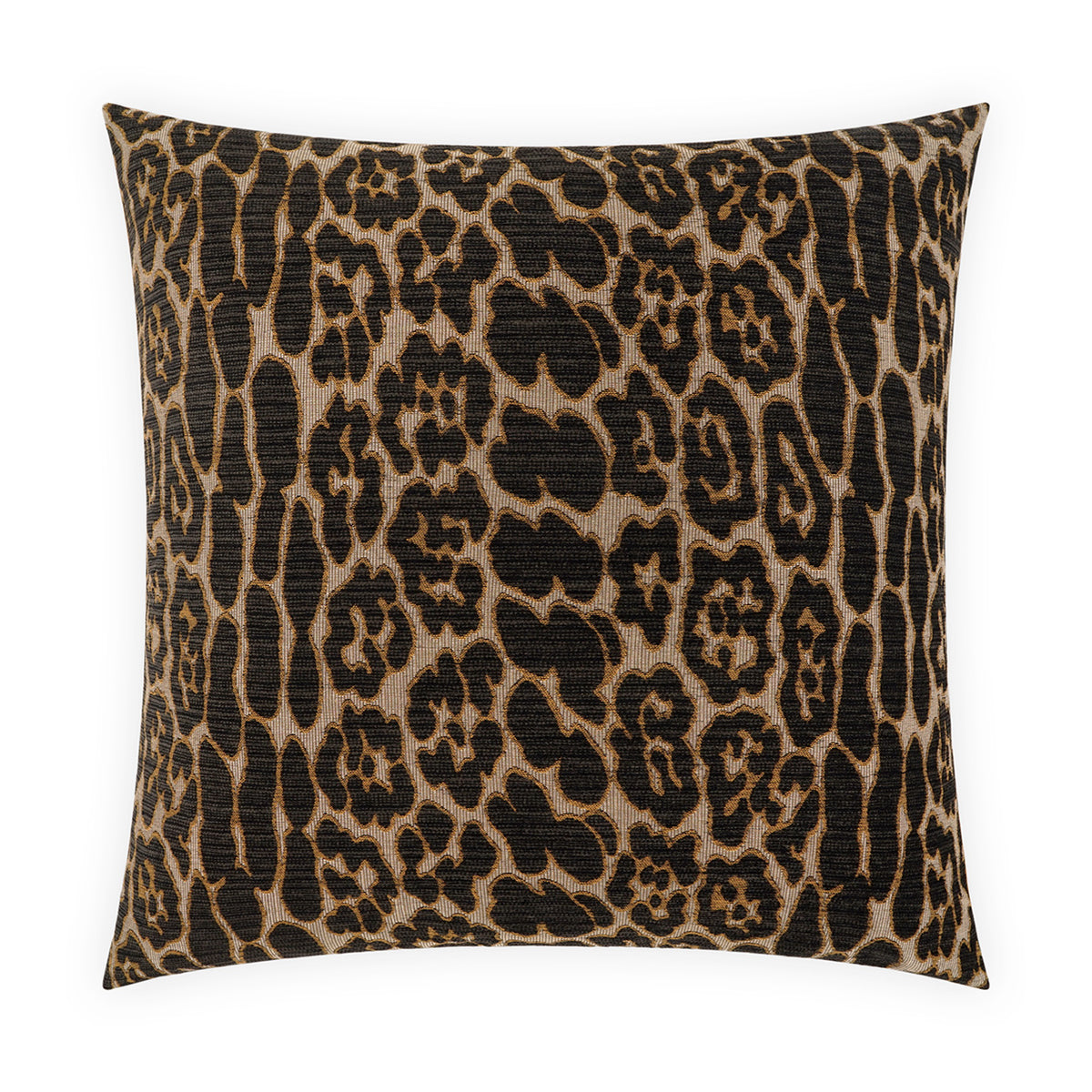 Leopard Throw Pillow featuring a square shape and a leopard print pattern in brown, black, and tan polyester, shown against a white background.