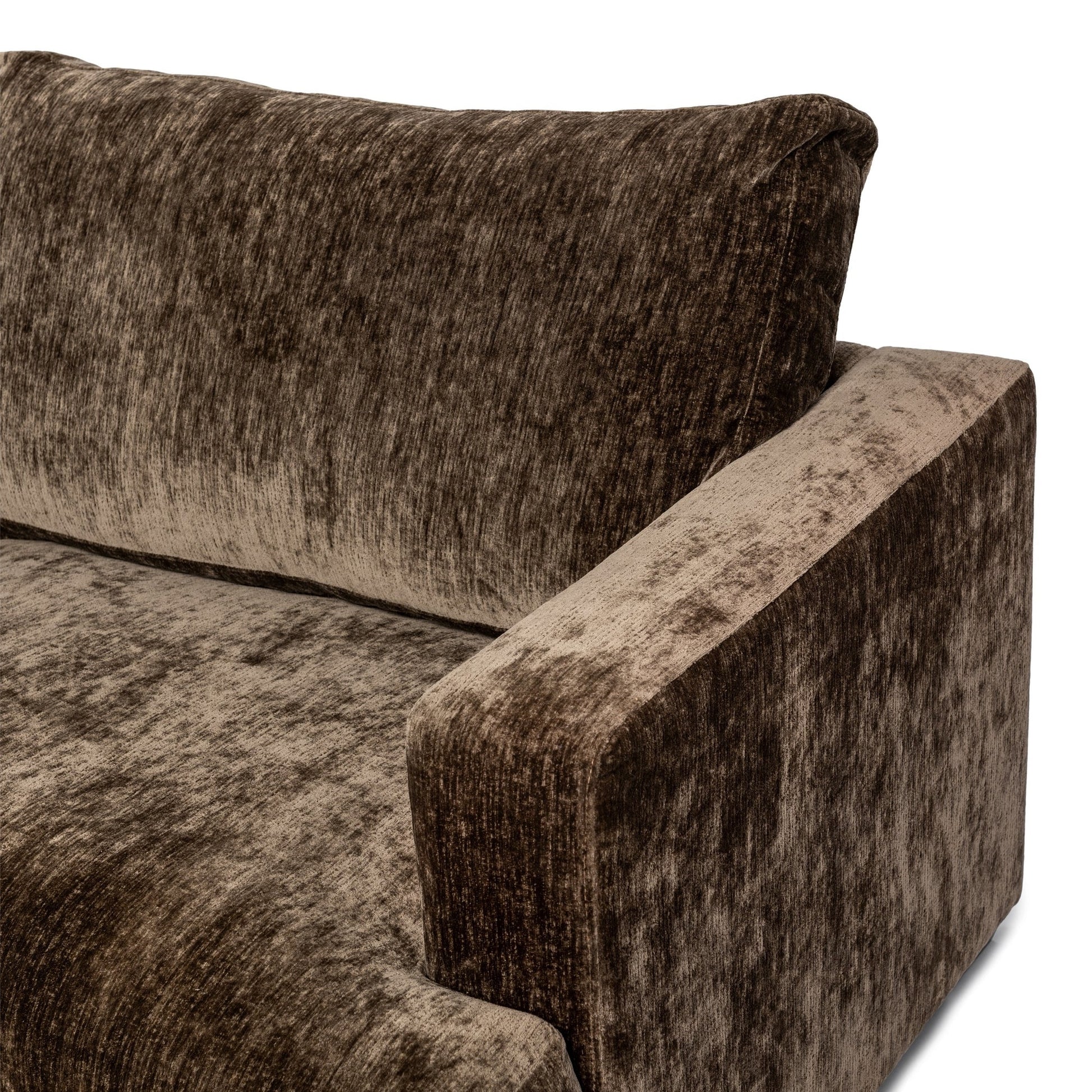 Close-up view of the Mossed Brown 3pc Sofa, featuring brown, textured velvet upholstery on the armrest, backrest, and seat cushion with soft, plush comfort—a stylish choice for modern living room furniture.