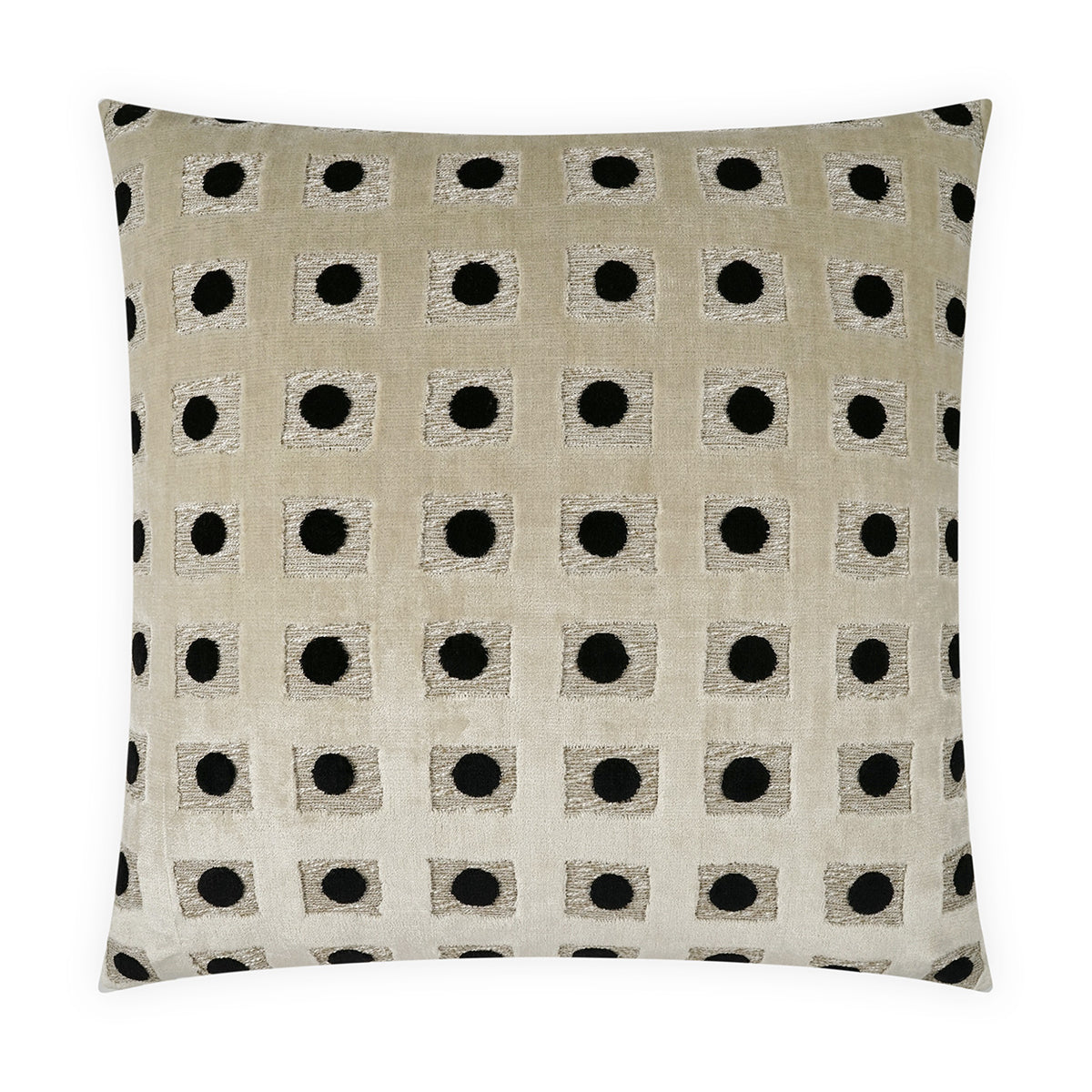Spotted Squares Pillow, 24x24 with a feather insert, showcases a square beige design highlighted by black dots within lighter beige squares arranged in a grid.
