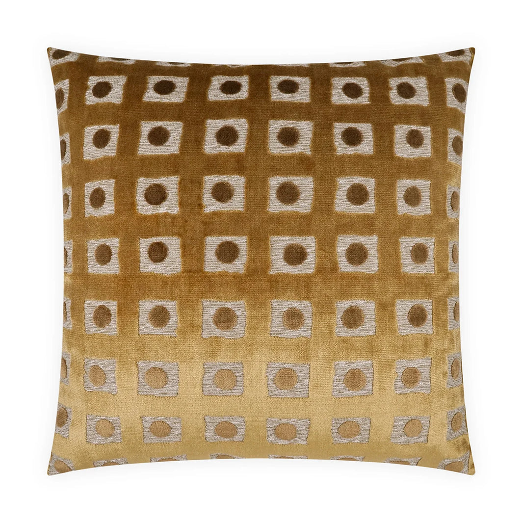 The Spotted Squares Pillow is an elegant 24x24 cushion crafted from gold and beige velvet, adorned with a grid of small beige squares each encasing a tan circle. Its background subtly fades from a deep to light gold hue, creating an ombré effect. Expertly designed in luxurious viscose, this pillow includes a plush feather-down insert for unmatched comfort and refined style.