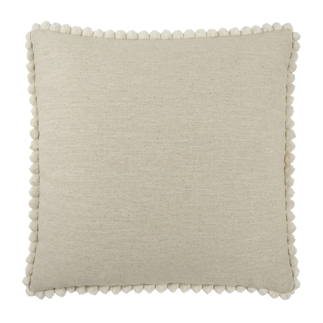 The Pom Rimmed Beige Pillow is a square, 24x24 pillow crafted from textured beige fabric with small, round pom-pom trim accenting the edges. Displayed on a plain white background, it includes a luxurious feather down insert for enhanced comfort and support.
