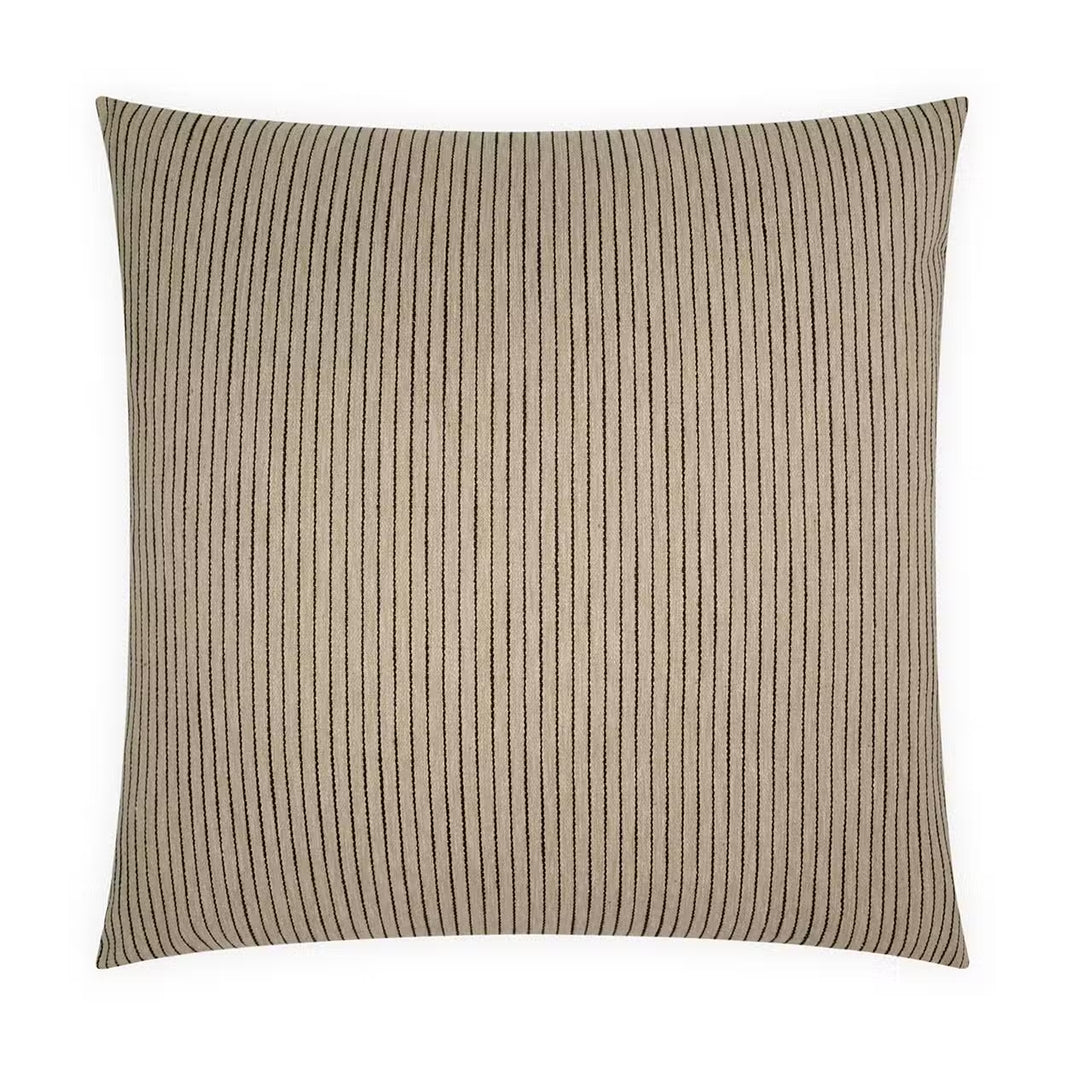 Introducing the Tan Stripe Pillow: a 24x24 square beige cotton cushion adorned with thin, evenly spaced vertical black stripes on a plain white background. It includes a feather down insert for exceptional comfort and support.