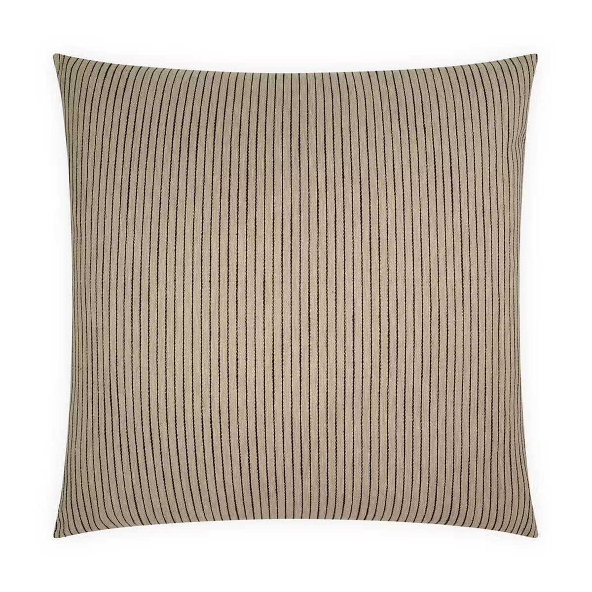 Introducing the Tan Stripe Pillow: a 24x24 square beige cotton cushion adorned with thin, evenly spaced vertical black stripes on a plain white background. It includes a feather down insert for exceptional comfort and support.