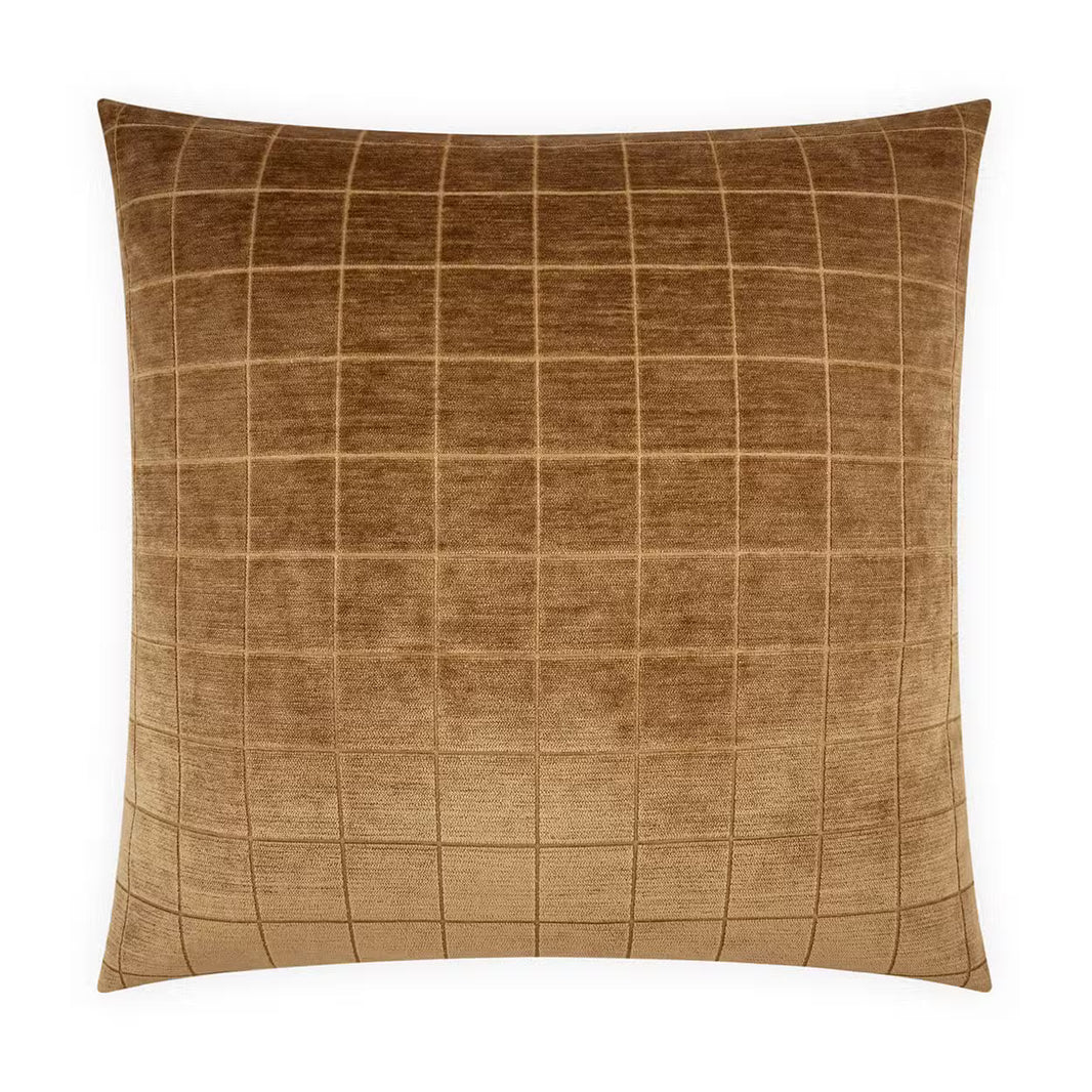 Cumin Grid Pillow in a square 24x24 size, featuring a subtle grid pattern in brown and filled with a plush feather down insert for added comfort.