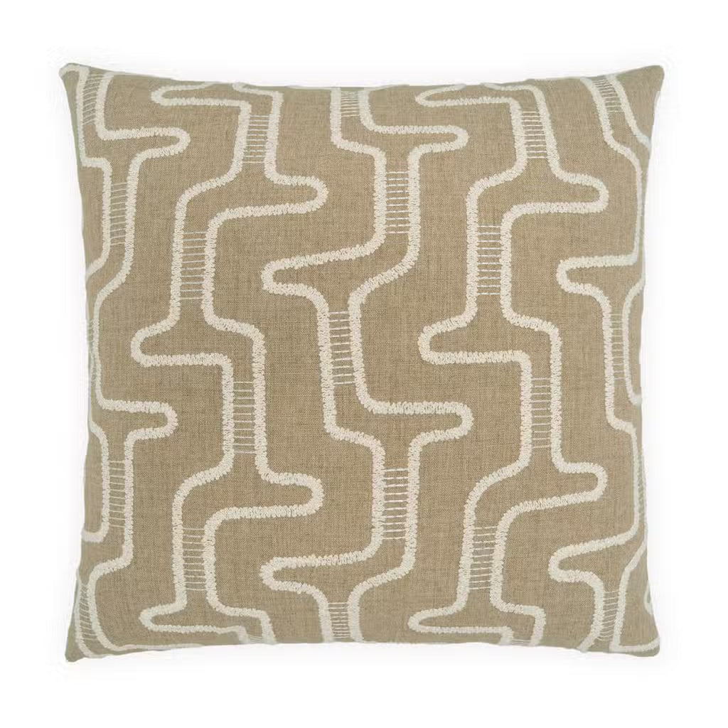 The Contemporary Tan Pillow features a square shape in a rich brown hue, adorned with a white abstract geometric pattern of interconnected wavy lines running vertically and horizontally across the fabric. Expertly embroidered for added texture, it is crafted from a soft blend of viscose and polyester. Filled with plush feather down, this pillow combines style and comfort, making it an ideal addition to any living space.