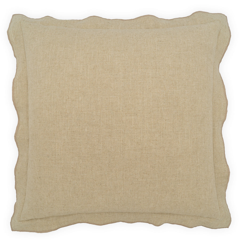 Tan Linen Flange Pillow, 24x24 inches, featuring a plain linen texture and wavy, ruffled flange edges, displayed on a white background.
