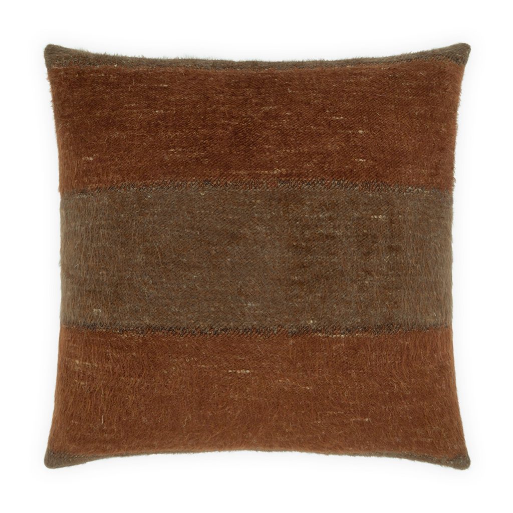 The Earthy Stripe Pillow, measuring 24x24 inches, showcases two wide horizontal stripes: a rich reddish-brown at the top and bottom, and a deep dark brown in the center. Its textured, slightly fuzzy cotton fabric enhances the cozy appeal, while a plush feather down insert offers sumptuous comfort.