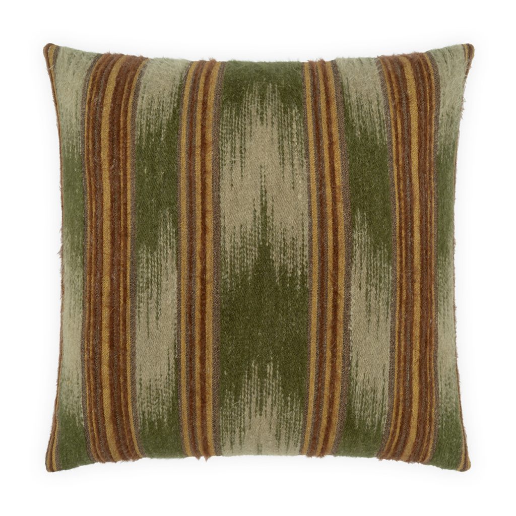 The Feathered Ikat Stripe Pillow is a 24x24 square cushion featuring a textured polyester fabric with stripes in green, beige, and brown. The varying widths of the stripes and the earthy color palette give this pillow a rustic, artisanal look.