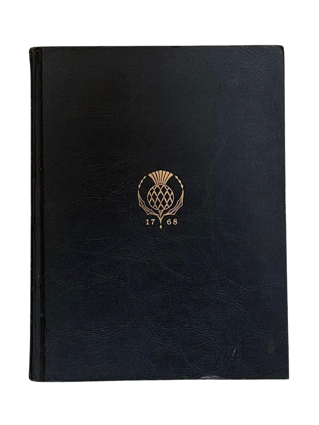 A set of 7 vintage encyclopedias with black hardcovers, each embossed with a gold thistle emblem and the numbers 1768 on the front, displayed against a plain white background.